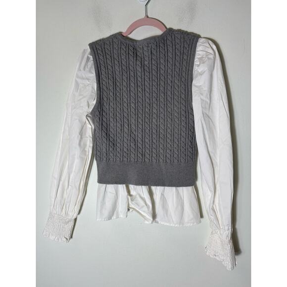 En Saison White Cotton V Neck Blouse w Gray Swater Vest Sz M (2 Pieces) - Picture 3 of 3